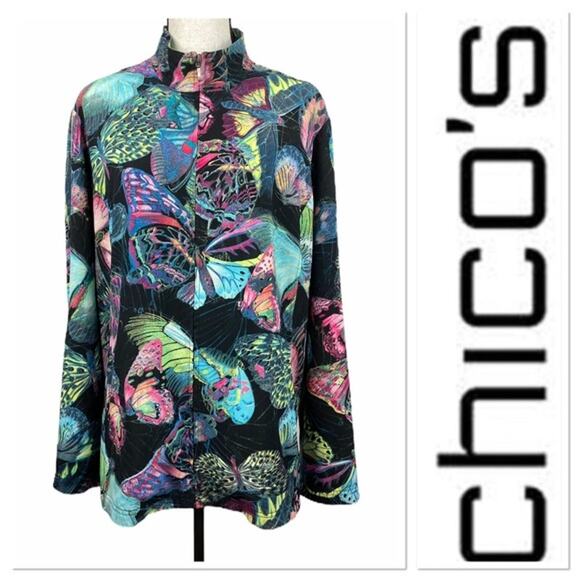 Chico’s Butterfly Print jacket zip front jacket Women's Large 2 - Picture 1 of 6